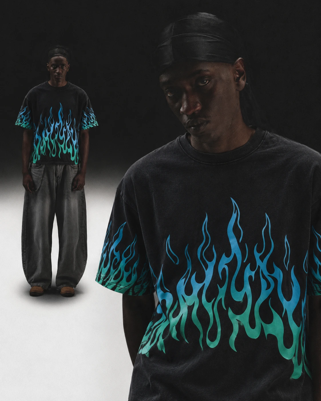 Franela negra con llamas azules y verdes de la colección Donmoda